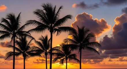Silhouetted palm trees against a vibrant sunset sky evoking a sense of tropical paradise