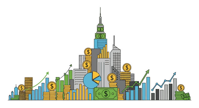 Abstract representation of financial growth and investment success with skyscrapers, charts, and currency symbols against a clear background