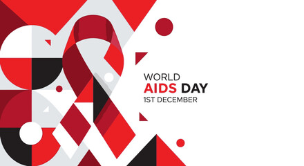 Modern graphic for World AIDS Day awareness campaign, featuring bold red ribbon and geometric shapes to promote compassion and support for global health initiatives