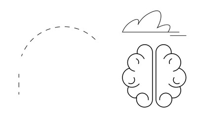 Dashed line forming a trajectory, a brain highlighting intelligence, and a cloud symbolizing imagination. Ideal for ideas, learning, brainstorming, innovation, creativity, mental health