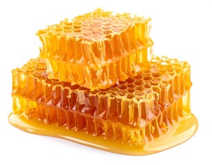 Stacked, glistening honeycombs with golden syrup spilling below