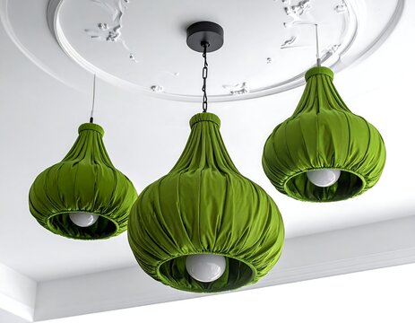 Three modern green pendant lights hanging from a white ceiling