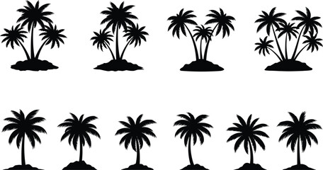 Palm tree silhouette illustration set, tropical design, black vector, beach icon, summer theme, nature artwork, exotic plant graphic