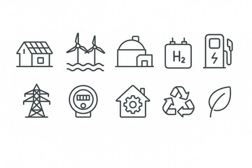 Renewable energy vector web icon set in modern line style, sustainable power system icons for web and mobile app, including solar, wind, hydrogen, EV charging and low emission energy illustration

