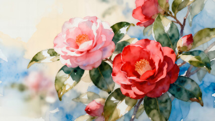 Obraz premium Vibrant Camellia Blossoms: Red and Pink Watercolor ,Asian Floral Illustration with Lush Green Leaves ,Spring Bloom Watercolor Background with Soft Blurry Backdrop