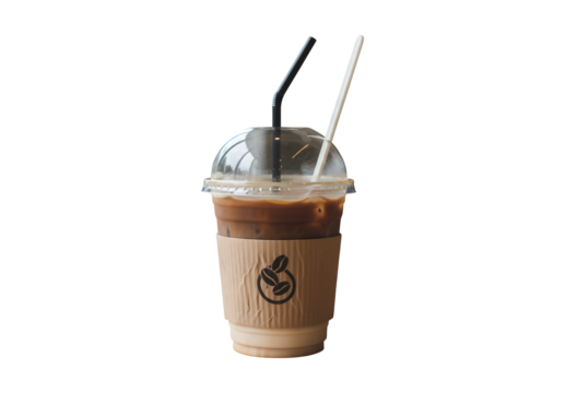 Single-use plastic coffee cup with a spoon

