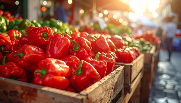 Close-up of vibrant red bell peppers overflowing from wooden crates, displayed at a sun-drenched outdoor market stall. People are blurred in the background