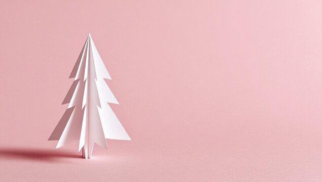 White paper Christmas tree on pink background holiday