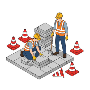 Two diligent construction workers in safety gear are meticulously laying paving stones, surrounded by traffic cones, illustrating teamwork and urban development.