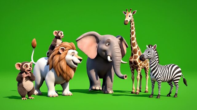 Adorable Cartoon Safari Animals Standing Together on Green Chroma Key Background