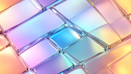 Abstract, colorful, glass-like blocks arranged in a repeating, interwoven pattern, creating a vibrant, iridescent display.