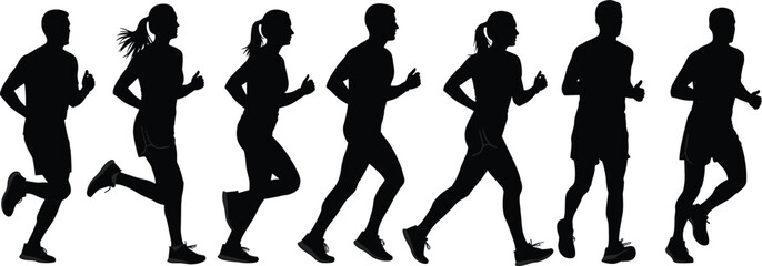 Runner silhouette illustration set, jogging motion, black vector, athletic pose, sports design, fitness artwork, human movement icon