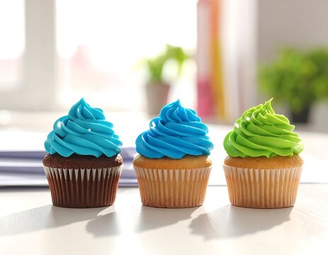 Three colorful frosted cupcakes on a white surface, lit by sunlight - Powered by Adobe