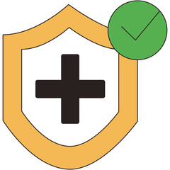Shield Icon With Plus Sign and Check Mark Symbolizing Health Security and Protection Against Illness With Simple Yellow Outline And Green Circle Accent