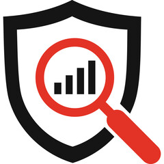 Shield icon with magnifying glass analyzing graph bar chart representing security analysis audit data protection cybersecurity concept vector illustration