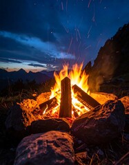 A close-up shot of a campfire at dusk. The flames are bright, with sparks flying up against a dark blue sky and mountains