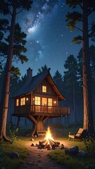 A cozy wooden cabin sits elevated in a forest, illuminated by soft light. A crackling fire and stars above