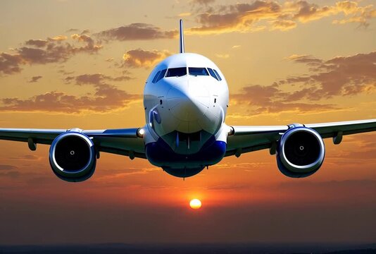 Dramatic airplane flying towards the sunset golden hour commercial aviation industry travel