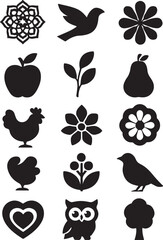 Vector black floral icon set with leaf, flower, butterfly, and plant silhouettes for seamless pattern design illustration