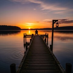 Obraz premium Serene lakeside moment a tranquil silhouette against the painted sunset skies and wooden pier