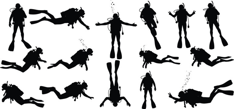 Scuba diver silhouette illustration set, underwater movement, black vector, diving gear, marine activity, ocean theme, aquatic artwork