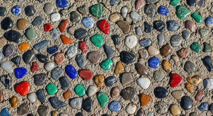 Vibrant mosaic of natural stones embedded in textured concrete surface outdoors