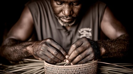 Skilled Artisan Handcrafts Traditional Basket with Natural Materials