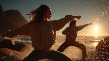 Dynamic Beach Workout at Sunset with Two Fitness Enthusiasts
