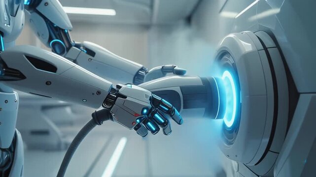 Advanced robotic arm connecting a futuristic charging cable to a sleek, modern device, symbolizing technological progress and innovation