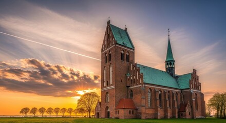 Majestic cathedral at sunrise bathed in warm light under a dramatic sky spectacle