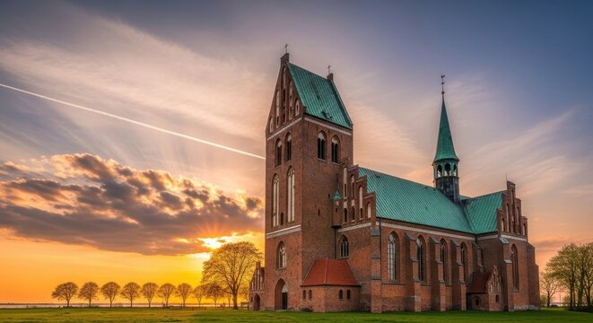 Majestic cathedral at sunrise bathed in warm light under a dramatic sky spectacle