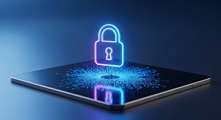 Digital data protection concept with a neon padlock icon