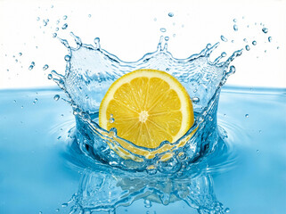 Fresh lemon slice dropping into water with crown splash isolated on white background, summer refreshment concept