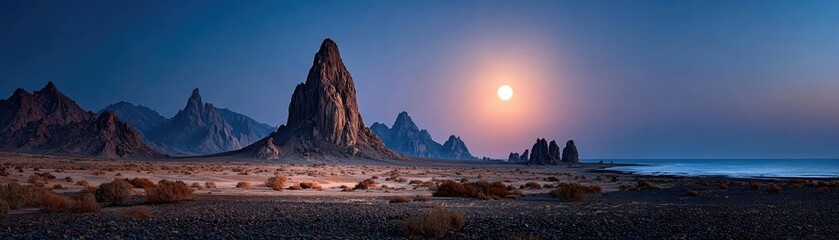 Fototapeta premium Large moon shining over barren rocky landscape concept. Stunning sunset over rugged mountains by the sea, serene atmosphere.