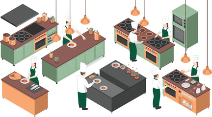Isometric illustration of chefs preparing dishes at multiple modern kitchen workstations with cookware, ingredients, stovetops, appliances and professional culinary setup