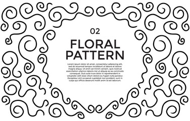Black and white illustration of a floral pattern frame with swirling lines surrounding text in a central oval shape.