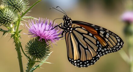 Fototapeta premium Monarch butterfly gracefully perched on a vibrant purple thistle flower in soft sunlight