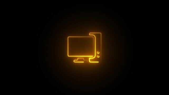 Glowing orange neon outline of a computer monitor and smartphone on a dark background technology digital