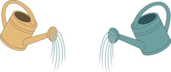 Simple illustration of two watering cans pouring water, garden tool graphic for plant care, irrigation concept, outdoor gardening equipment design isolated © Najmul