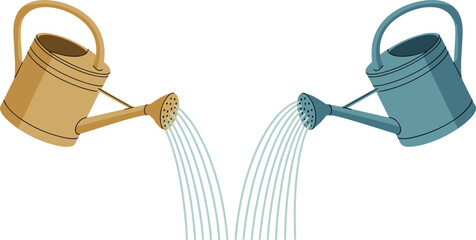 Simple illustration of two watering cans pouring water, garden tool graphic for plant care, irrigation concept, outdoor gardening equipment design isolated © Najmul