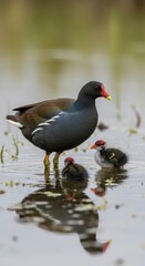 Moorhen family wading through shallow water, featuring a mother bird protecting its young chicks