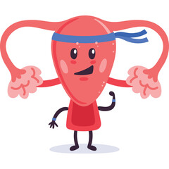 Healthy Uterus Character with Blue Headband and Wristbands Flexing Bicep with Pink Fallopian Tubes and Ovaries on Transparent Background