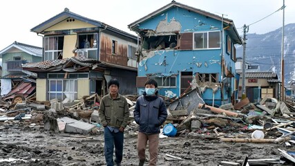 Two men walk through muddy debris in front of severely damaged houses after a natural disaster, showing the aftermath of destruction.
