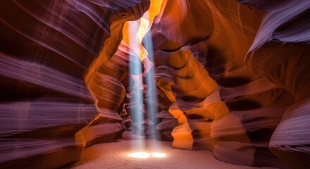 Mystical sandstone canyon illuminated by ethereal light shafts creating dramatic patterns