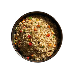 Overhead View Of A Bowl Of Vegetable Fried Rice With Colorful Bell Peppers And Peas Isolated On A Black Background With Dramatic Lighting