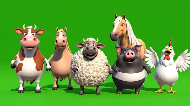 Happy Animated Farm Animals Group: Cow, Horses, Sheep, Pig, Chicken on Green Screen