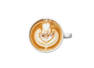 Overhead View Of A White Ceramic Cup Filled With Aromatic Coffee Delicately Designed With Latte Art And A Sprinkle Of Cinnamon On A Transparent Background