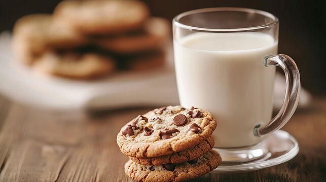 A glass of milk sits next to a stack of chocolate chip cookies on a wooden table, creating a cozy and inviting scene. - Powered by Adobe
