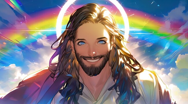 A smiling man with long hair stands beneath a glowing rainbow sky, his laughter shining with warmth and happiness. The bright light symbolizes pure joy and inner peace.
