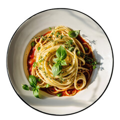 Overhead View of Spaghetti With Tomato Sauce and Fresh Basil Garnished With Herbs Served on a White Plate With Soft Sunlight